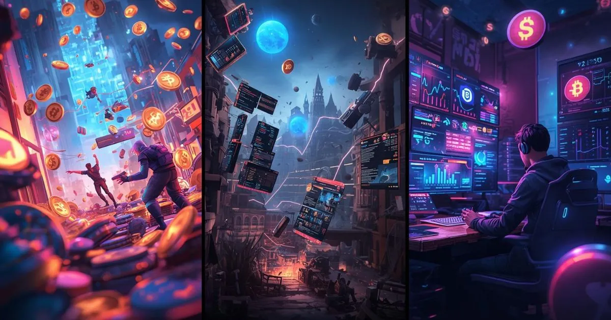 Split-scene illustration showing the evolution of play-to-earn crypto gaming: a vibrant token-rich gaming world, a collapsing market with falling assets, and a modern setup with a player analyzing earnings on multiple screens.