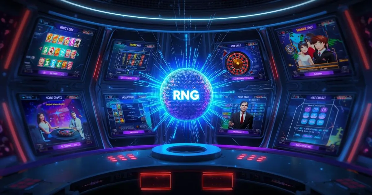 Futuristic crypto casino interface showing multiple game types around a central glowing RNG core, with slot reels, live dealer tables, roulette, and digital betting screens in a neon-lit control room.