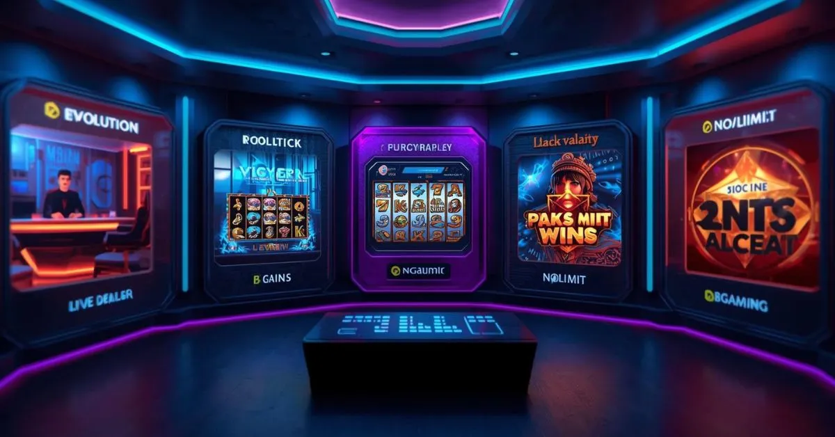 Futuristic crypto casino lobby showcasing major game studios, including live dealer, slot machines, and high-volatility titles, displayed as glowing panels in a neon-lit environment.