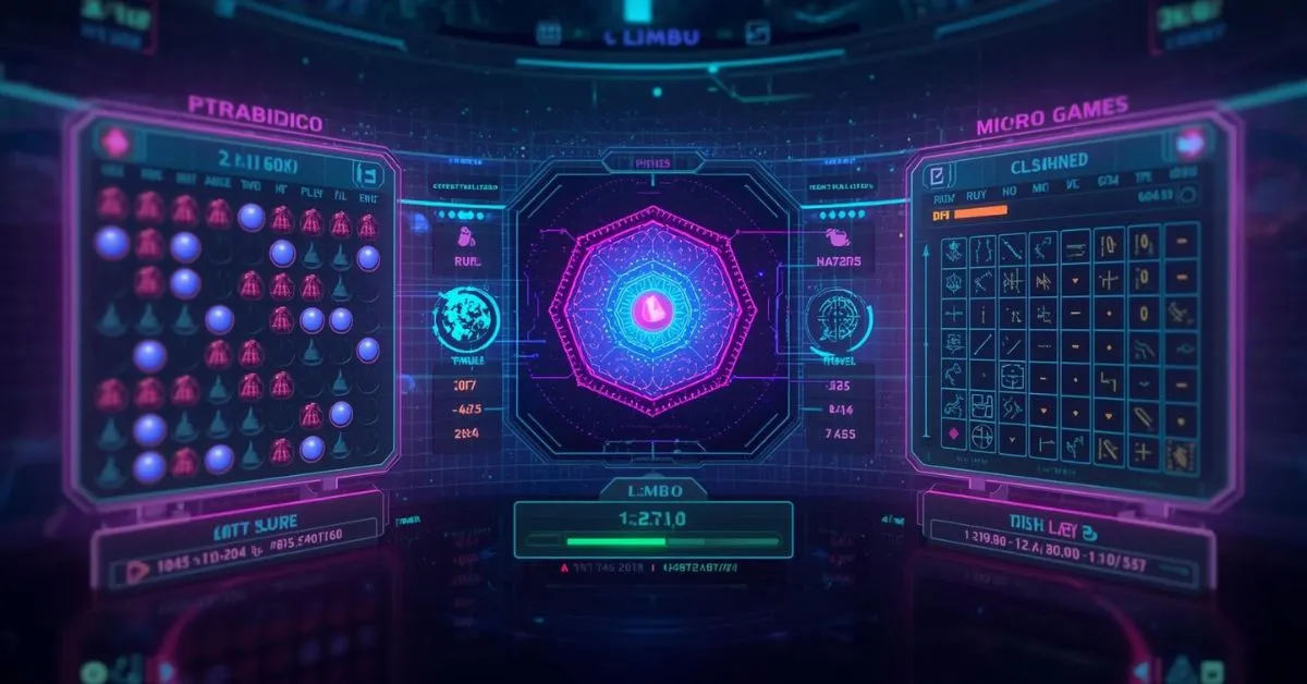 Futuristic crypto micro-games interface showing Plinko, Mines, and Limbo dashboards with neon visuals, probability data, and multiplier displays in a high-tech gaming environment.