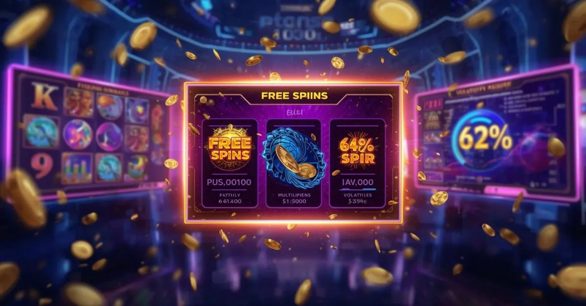Futuristic crypto slot interface highlighting free spins and bonus features, with glowing reels, RTP percentage display, and coins flying around a neon-lit casino screen.